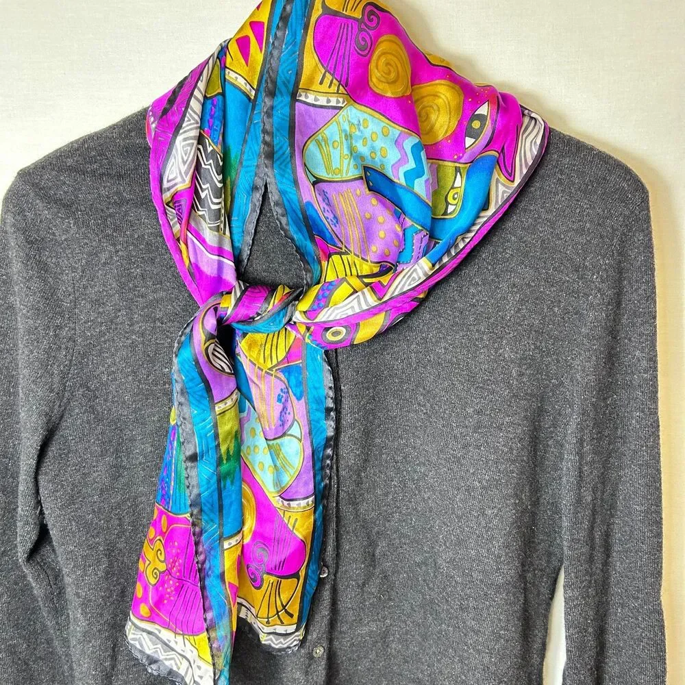 Laurel Burch Vibrant Multicolor Abstract Cat Print 100% Silk Rectangle Scarf